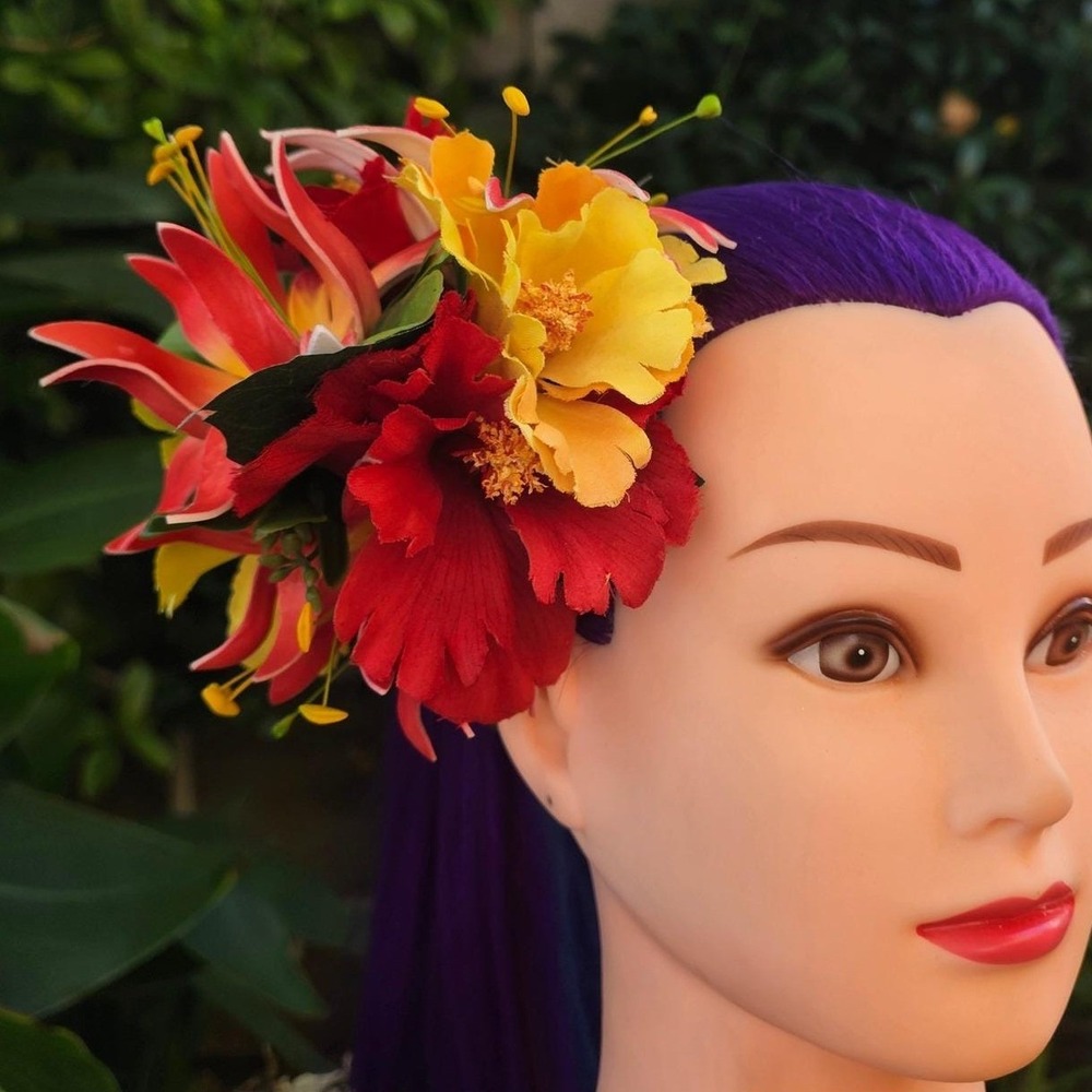 Tropical Hawaiian Floral Hair Clip Fascinator Red Yellow Hibiscus‎ Pinup Luau